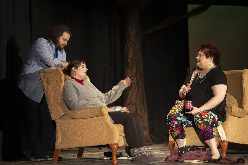 As Joel Megill looks on, Rebekah Megill and Ashley Rinehart rehearse a scene in PACT’s The Tin Woman Wednesday, Feb. 19, 2025, in Polo.