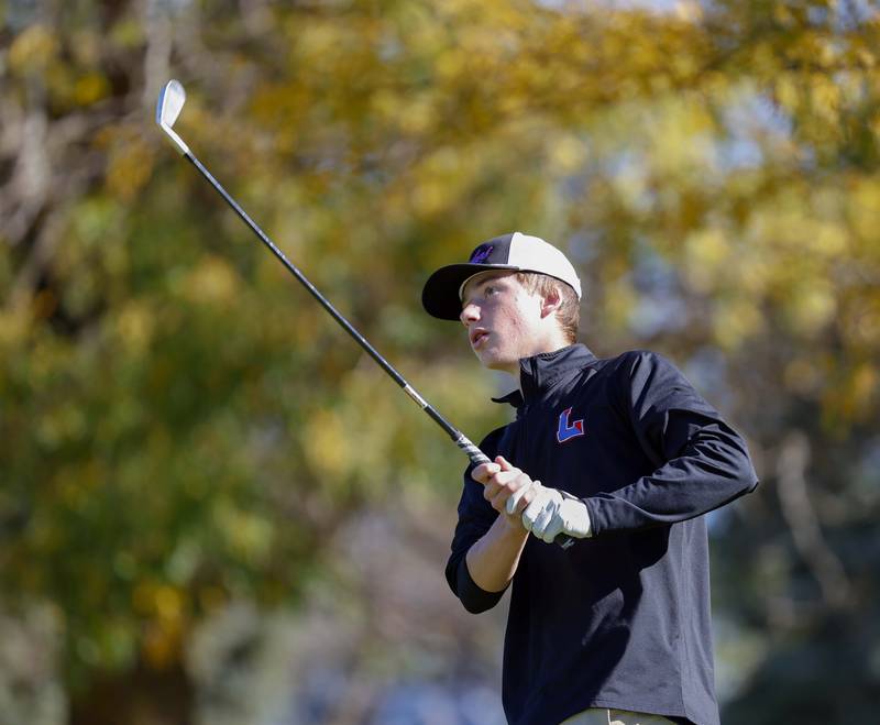 Henry Samulak of Lakes tees off at the IHSA Class 2A Kaneland boys golf sectional  Monday, Oct. 7, 2024 at at Hughes Creek in Elburn.
