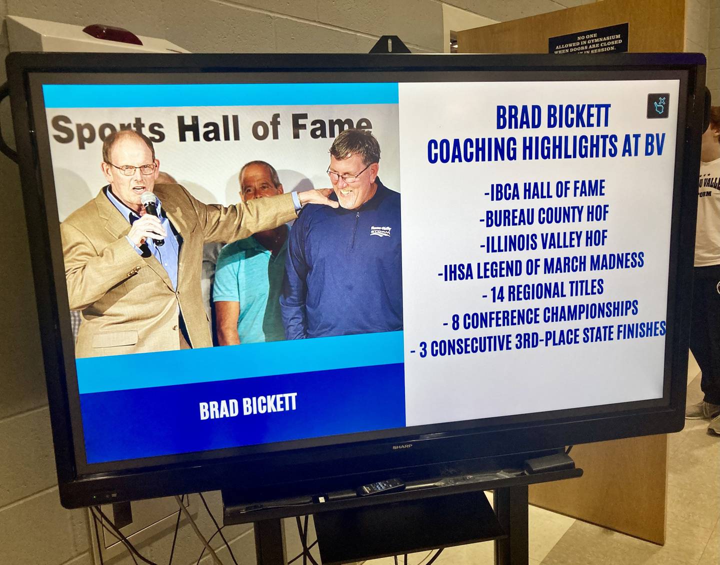 The video board in the Bureau Valley Commons depicts Brad Bickett's career coaching highlights. BV hosted an appreciation night for its former coach, who is retiring at the end of the school year as athletic director/dean of students.