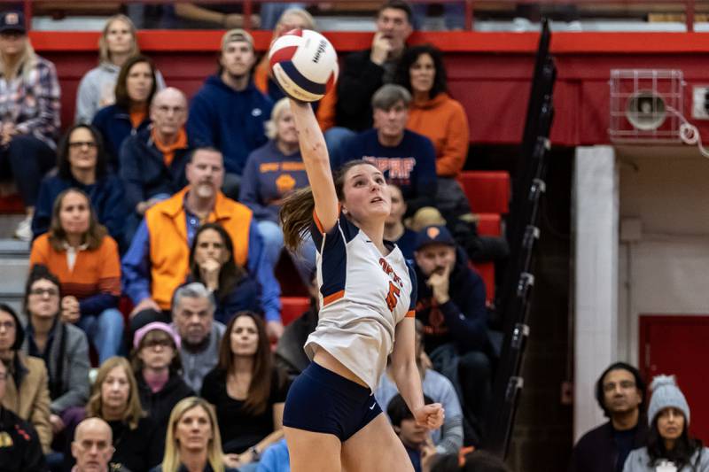 Oak Park-River Forest's Devyn Kleidon goes up for a kill during a 4A Supersectional girls volleyball game against Lockport at Hinsdale Central on Nov. 10, 2025.