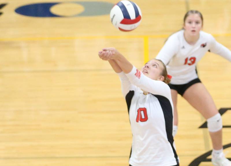 Henry-Senachwine's Rachel Eckert hits the ball in the air during the Class 1A Regional semifinal game on Wednesday, Oct. 29, 2025 at Putnam County High School.
