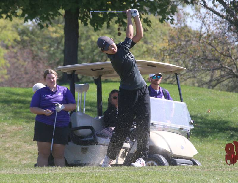 Lincoln-Way East's Grace Zhang tees off on the 14th hole during the Class 2A Regional girls golf meet on Tuesday, Oct. 1, 2024 at Senica's Oak Ridge  Golf Club in La Salle.
