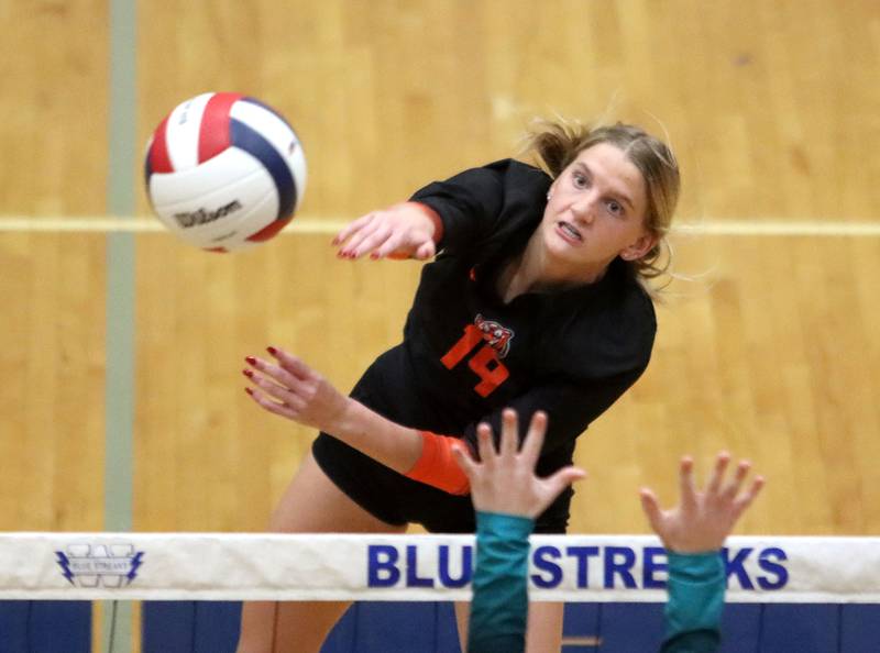 Crystal Lake Central’s Alexis Hadeler hits the ball against Woodstock North in IHSA girls volleyball Class 3A Regional action at Woodstock High School in Woodstock on Thursday, October 30, 2025.
