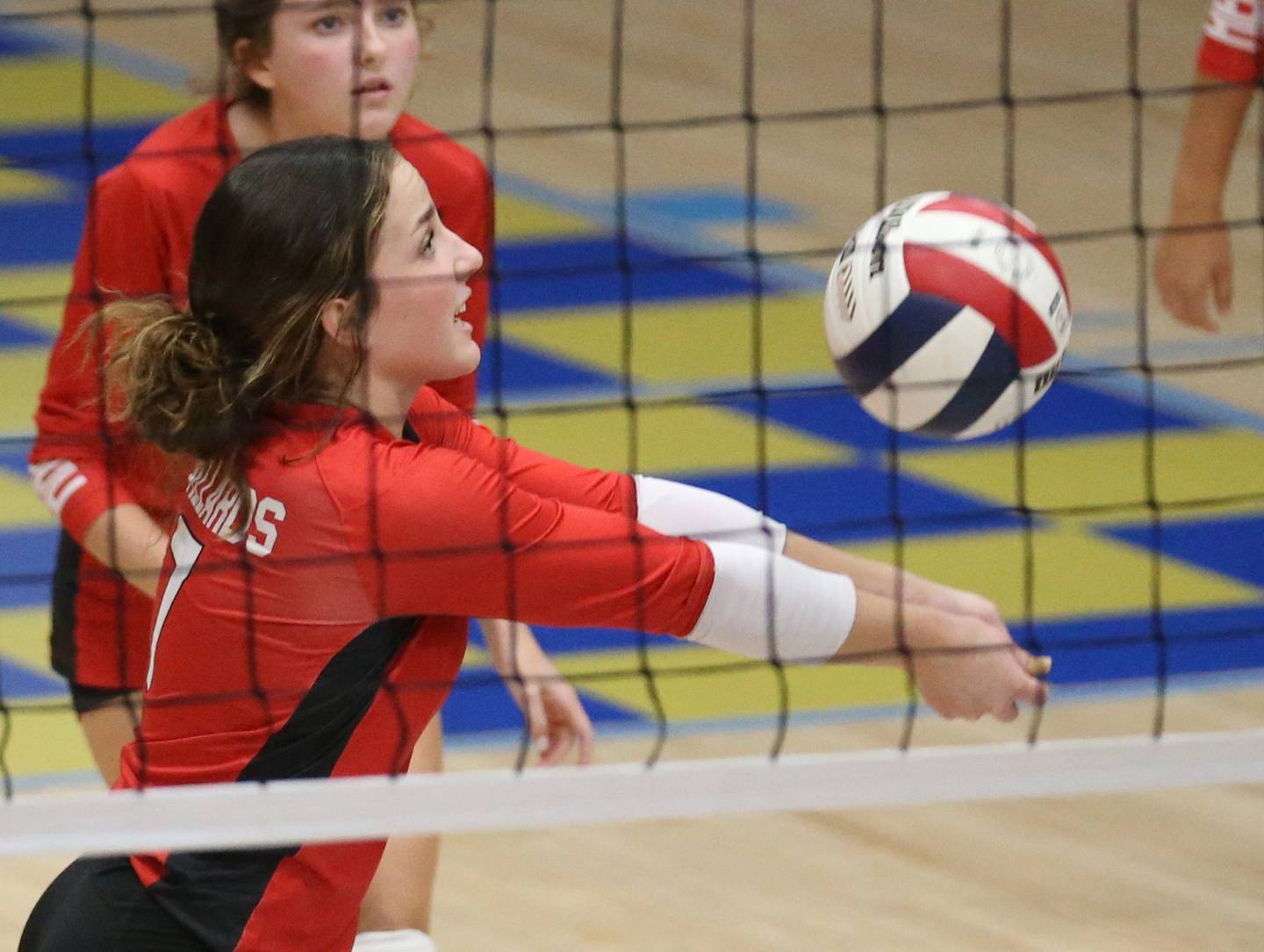 Henry-Senachwine's Lauren Harbison hits the ball to the Seneca side of the net during the Tri-County Conference Championship game on Thursday, Oct. 17, 2024 in Bader Gym at Marquette High School.
