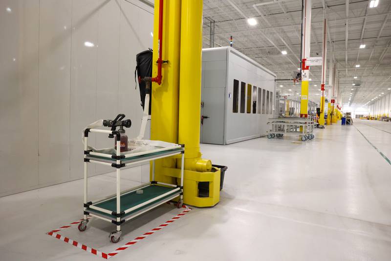 Fire extinguishing systems, including this station prepared with F-500 Encapsulator Agent technology, which is a fluorine-free, biodegradable foaming agent designed to rapidly extinguish lithium-ion battery fires, are placed throughout Gotion Illinois in Manteno as seen on Oct. 1, 2025.
