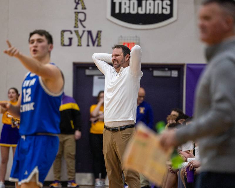 Mendota's Head Coach Steve Wasmer, expresses stress during game against an undefeated (24-0) Newman Central Catholic on Friday, January 30, 2026 at Mendota High School in Mendota.