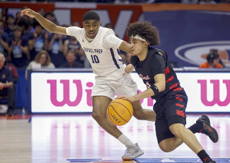 Benet's Jayden Wright (3) slips past DePaul College Prep's Blake Choice (10) during the IHSA Class 4A boys basketball state semifinal Friday, March 13, 2026 at the State Farm Center in Champaign.
