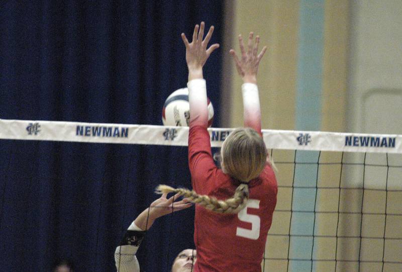 Oregon's Skylar Bishop  blocks  a ball at the net. Erie-Prophetstown took on Oregon in the Class 2A regional volleyball semifinal Tuesday, Oct. 29, 2024 at Newman High School.
