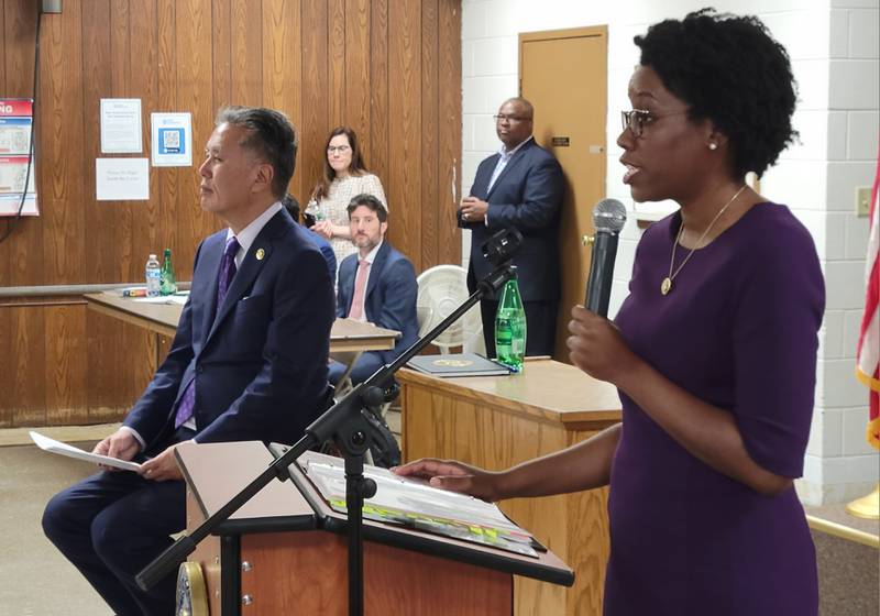 U.S. Rep. Lauren Underwood (D-Naperville) (right) and Congressman Mark Takano (D-California) speak during the veterans town hall meeting Saturday, May 27, 2023, at the LaSalle VFW on Saturday.