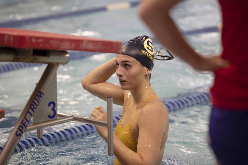 Sterling’s Madison Austin finished first in the 50 yard freestyle Wednesday, Aug. 28, 2024 at Morrison High School.