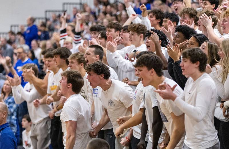 Wheaton North’s student section cheers on their team during a game against Wheaton Warrenville South on Friday, Dec. 20, 2024.