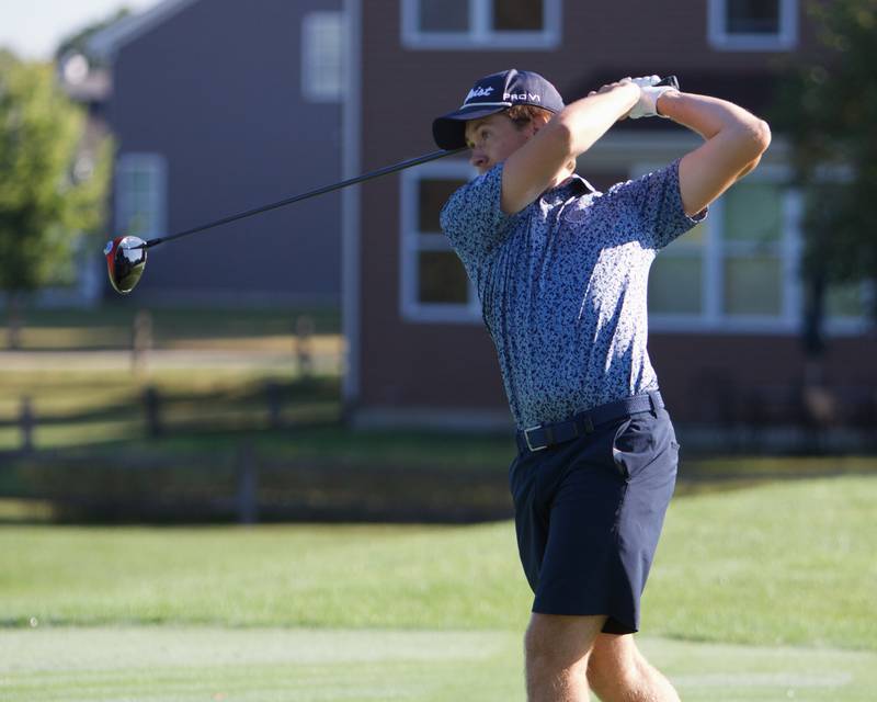 Crystal Lake Central's Erik Pietrzyk tees off at the Cary-Grove Boy's Golf Invite at Foxford Hills Golf Club on Saturday, Sept. 9, 2023, in Cary.
