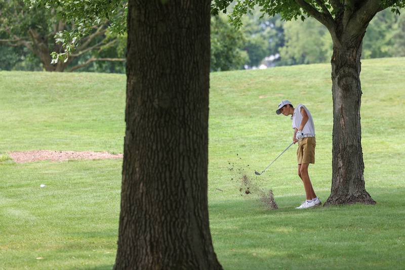 Beecher's Peyton Serafin hits into the fairway during the Bill Breeden All-Area Classic at the Kankakee Elks on Monday, Aug. 18, 2025. Serafin would earn first place individually to help the Bobcats to their fifth consecutive win in the event.