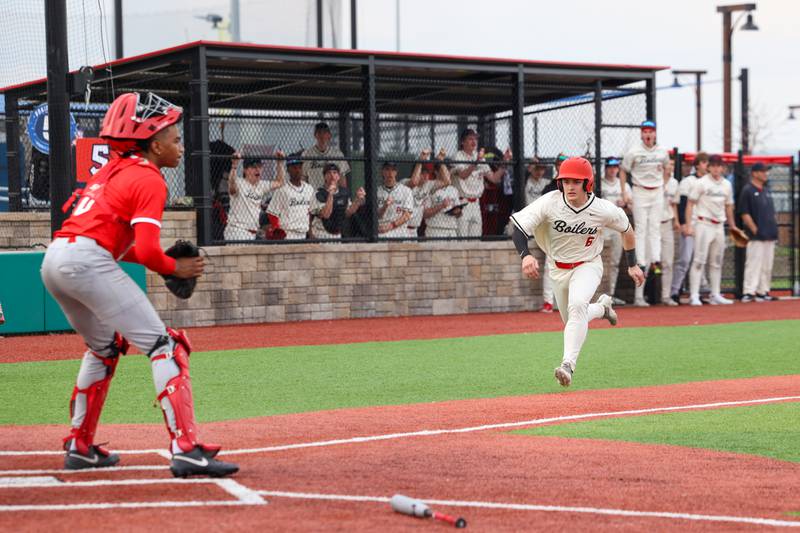 Bradley-Bourbonnais' Clark Six approaches home plate during the Boilermakers' 8-7 loss to Homewood-Flossmoor on Monday, April 13, 2026.