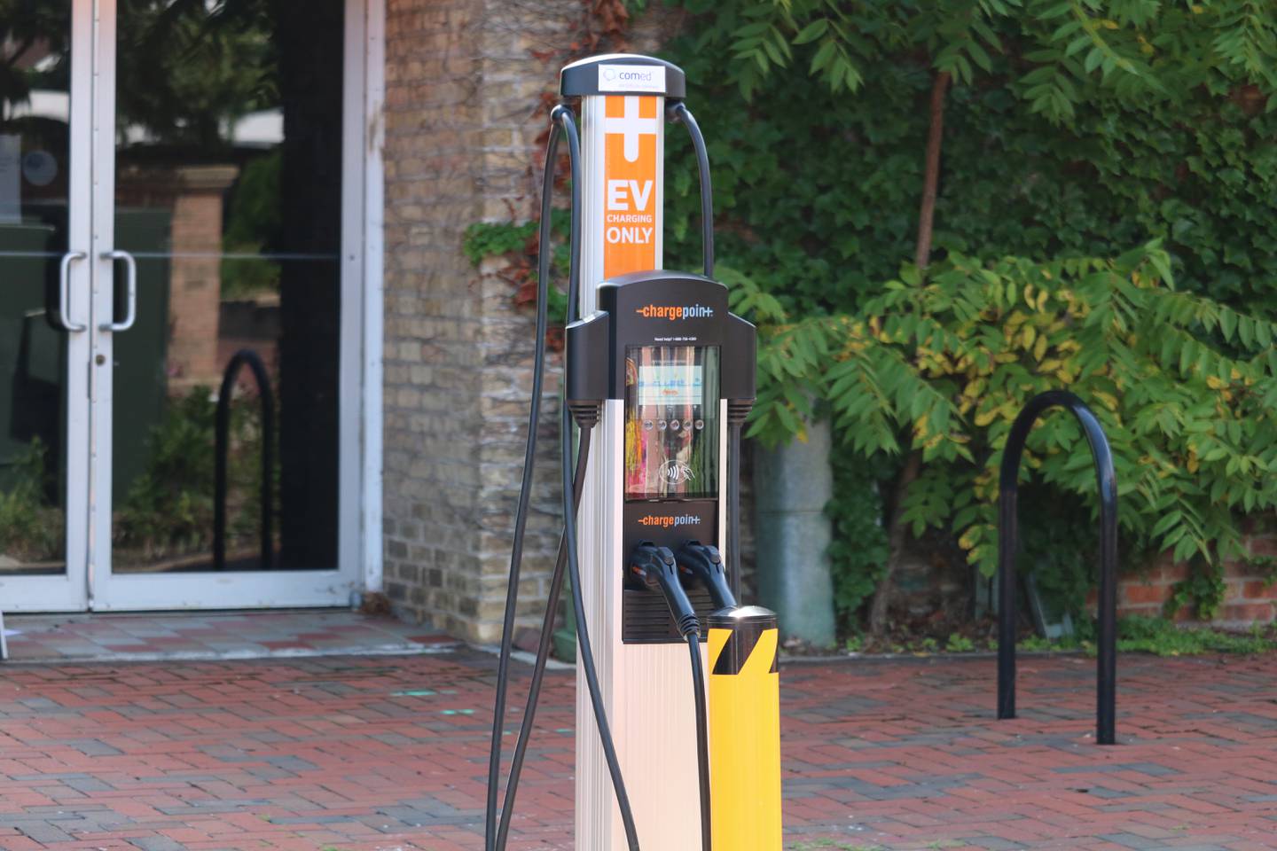 An electric vehicle charging station is seen Aug. 2, 2022 in the city's downtown.