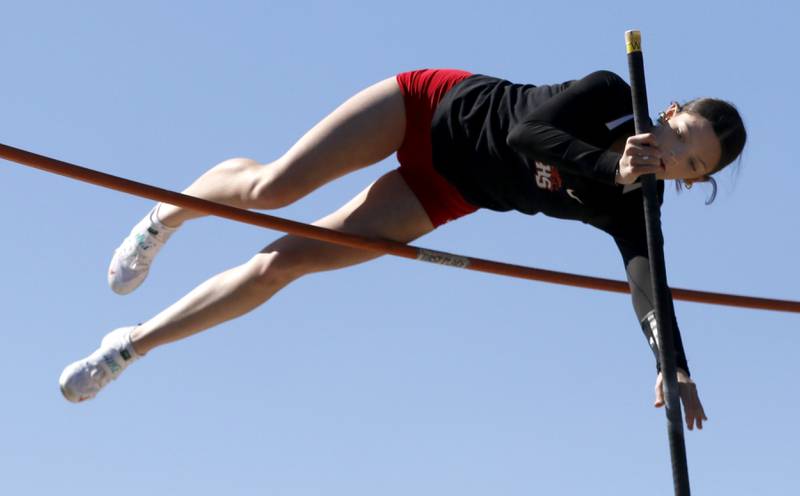 Huntley’s Emma Garofalo pole vaults on Thursday, May 8, 2025, during the Fox Valley Conference Girls Track and Field Meet at Huntley High School.