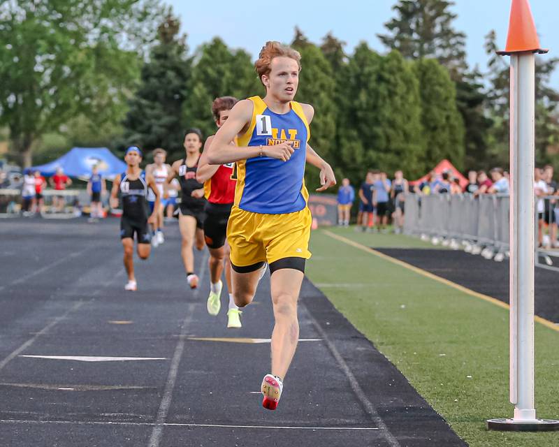 Wheaton North's Ryan Schreiner wins the 800m during the DuKane Conference Track and Field meet at Wheaton Warrenville South.  May 13.2022.