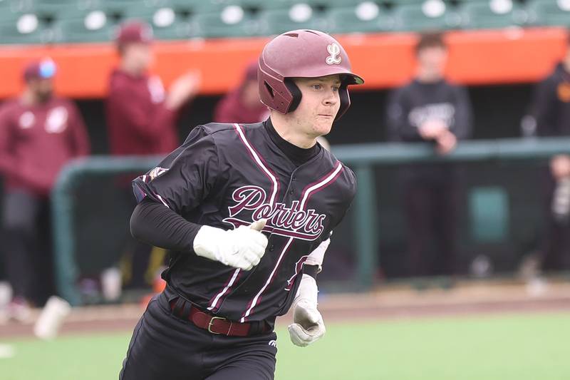 Lockport’s Zack Skrzypiec heads to first base for a single against Joliet West in the WJOL Don Ladas Memorial baseball tournament championship game on Saturday, April 4, 2026 in Joliet.