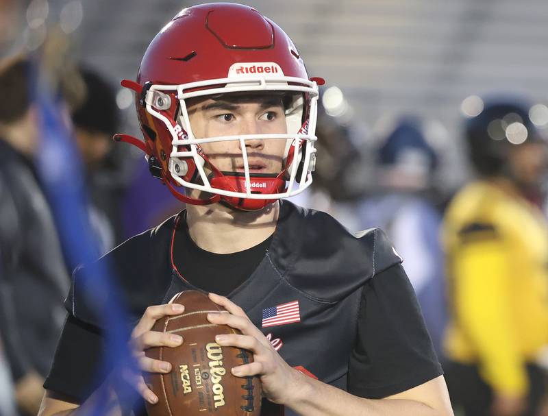Yorkville’s Maximus Delgado looks to pass at the IHSA Southwest Suburb Showcase combine on Thursday, May 7, 2026 at Plainfield North High School.