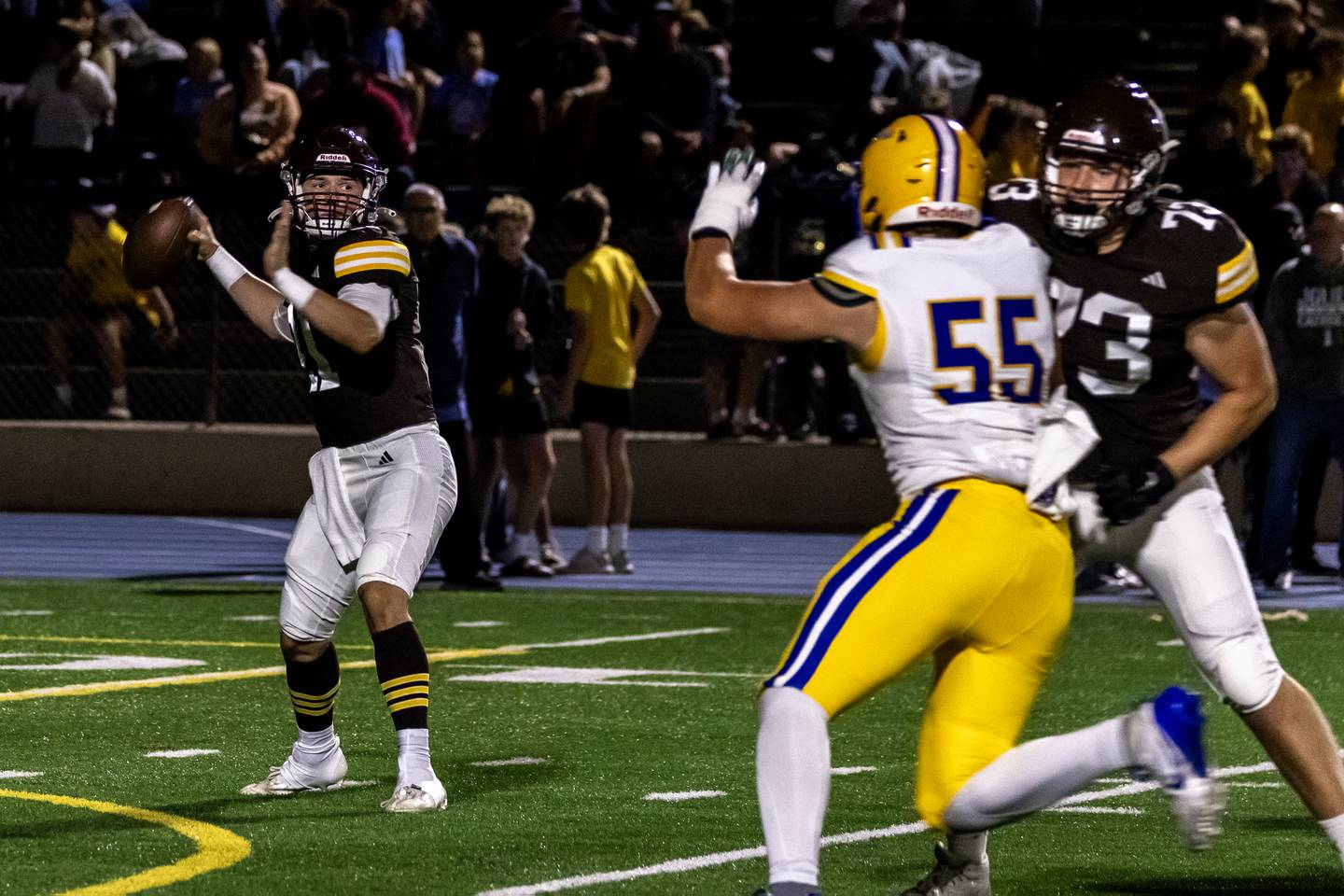 Joliet Catholic's Lucas Simulick looks for an opening during a varsity football game against Lyons Township at Busey Bank Field at Joliet Memorial Stadium on Aug. 29, 2025.