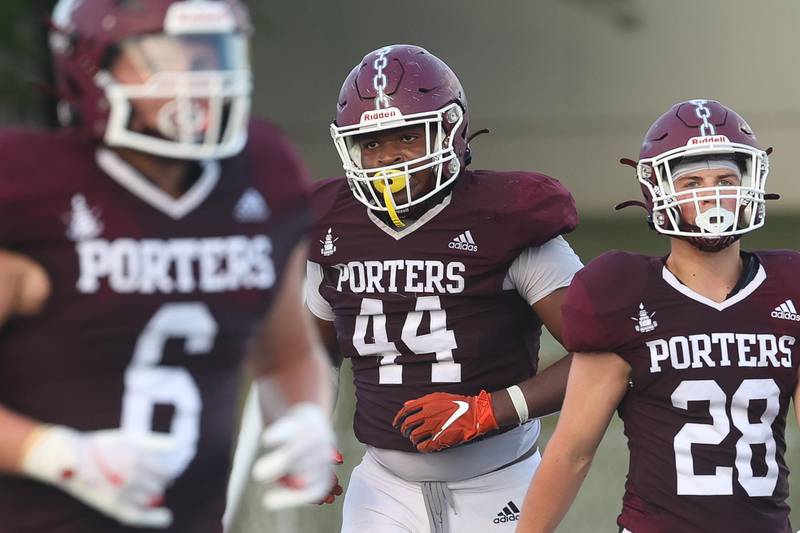 Lockport’s Michael Pratt (44) heads off the field against Plainfield North on Friday, August 30, 2024 in Lockport.