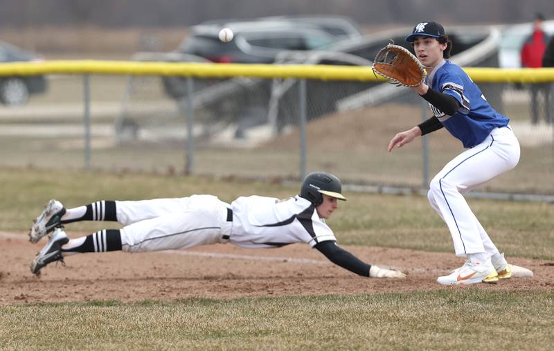 Sycamore's Collin Severson dives back safely to first as Burlington Central's AJ Payton takes the throw during their game Tuesday, March 21, 2023, at Sycamore Community Park.