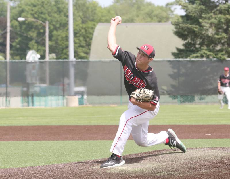 Henry-Senachwine's Lance Kiesewetter lets go of a pitch during the Class 1A Supersectional game on Monday, May 29, 2023 at Illinois Wesleyan University in Bloomington.