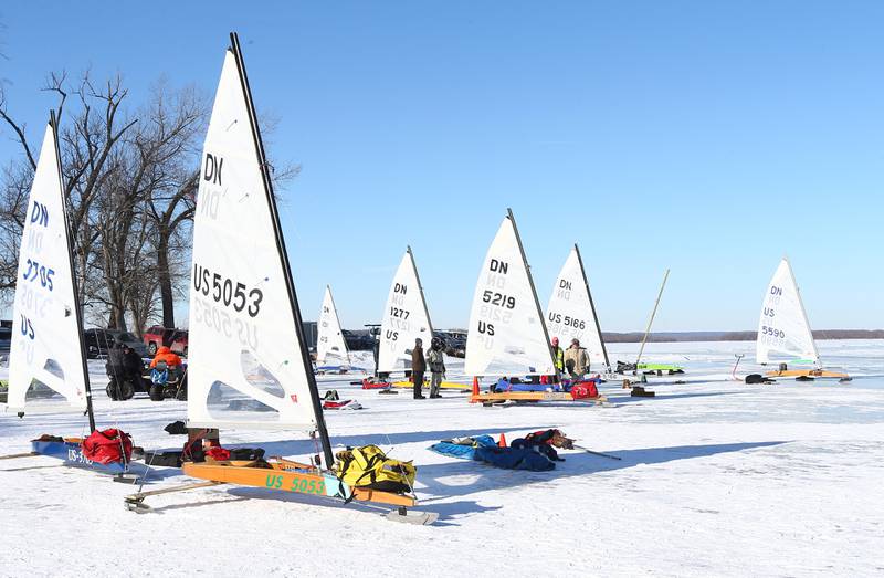 Ice boat racers prepare to race on Senachwine Lake on Wednesday Jan. 26, 2022 near Putnam.