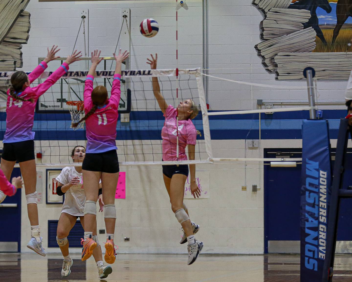 Downers Grove South's Sylvia Masiulionis (4) tips a shot over the net during volleyball match between Willowbrook at Downers Grove South.  Oct 1, 2024. in Downers Grove.
