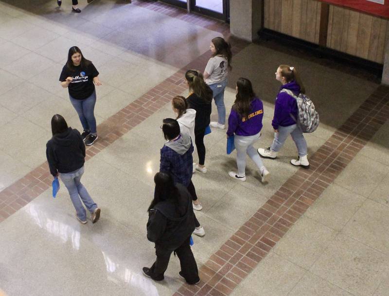 Groups of high school students participating in the Pathways Education Symposium on Friday, April 21, 2023, are given tours of Sauk Valley Community College campus.