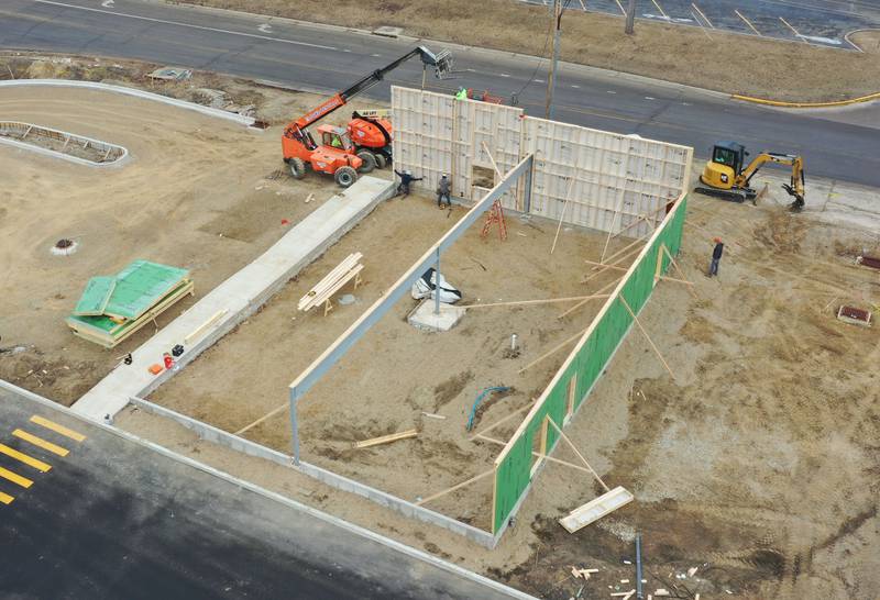 Crews build walls for the new Jersey Mike's Subs location on Thursday, Feb. 12, 2026 in Princeton. The business is located at the corner of Illinois Route 26 and Backbone Road.