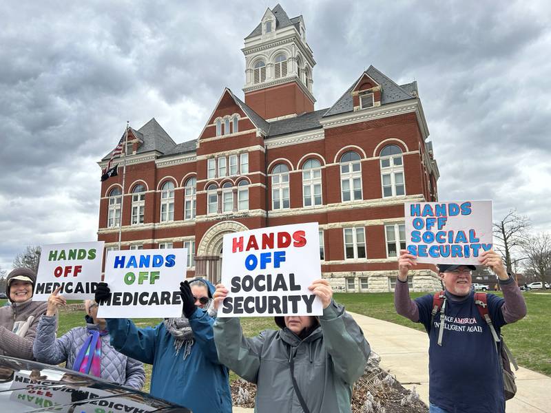 Around 400 people took part in the Hands Off rally held around the historic Ogle County Courthouse in Oregon on Saturday, April 5, 2025. Similar rallies were held across the United States for people wanting to speak out about recent actions and decisions by President Donald Trump. The event in Ogle County was organized by Indivisible of Ogle County.