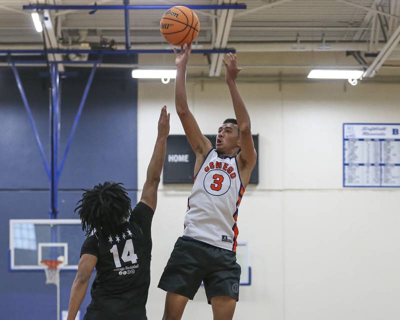 Oswego's Ethan Vahl shoots a jumper in their Riverside-Brookfield Shootout basketball game.  June 20, 2025 in Riverside.