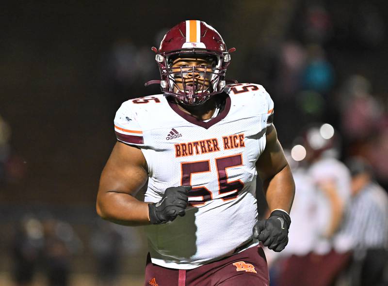 Brother Rice's Roderick Pierce III (55) in action on Friday, Oct. 07, 2022, at Joliet Memorial Stadium. (Dean Reid for Shaw Media)