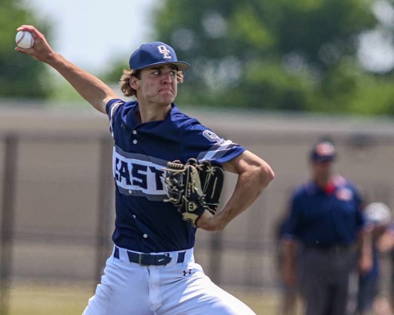 Oswego East's Griffin Sleyko (21) delivers a pitch during the Class 4A Romeoville Sectional final game between Oswego East and Oswego on Saturday,  June 3, 2023.