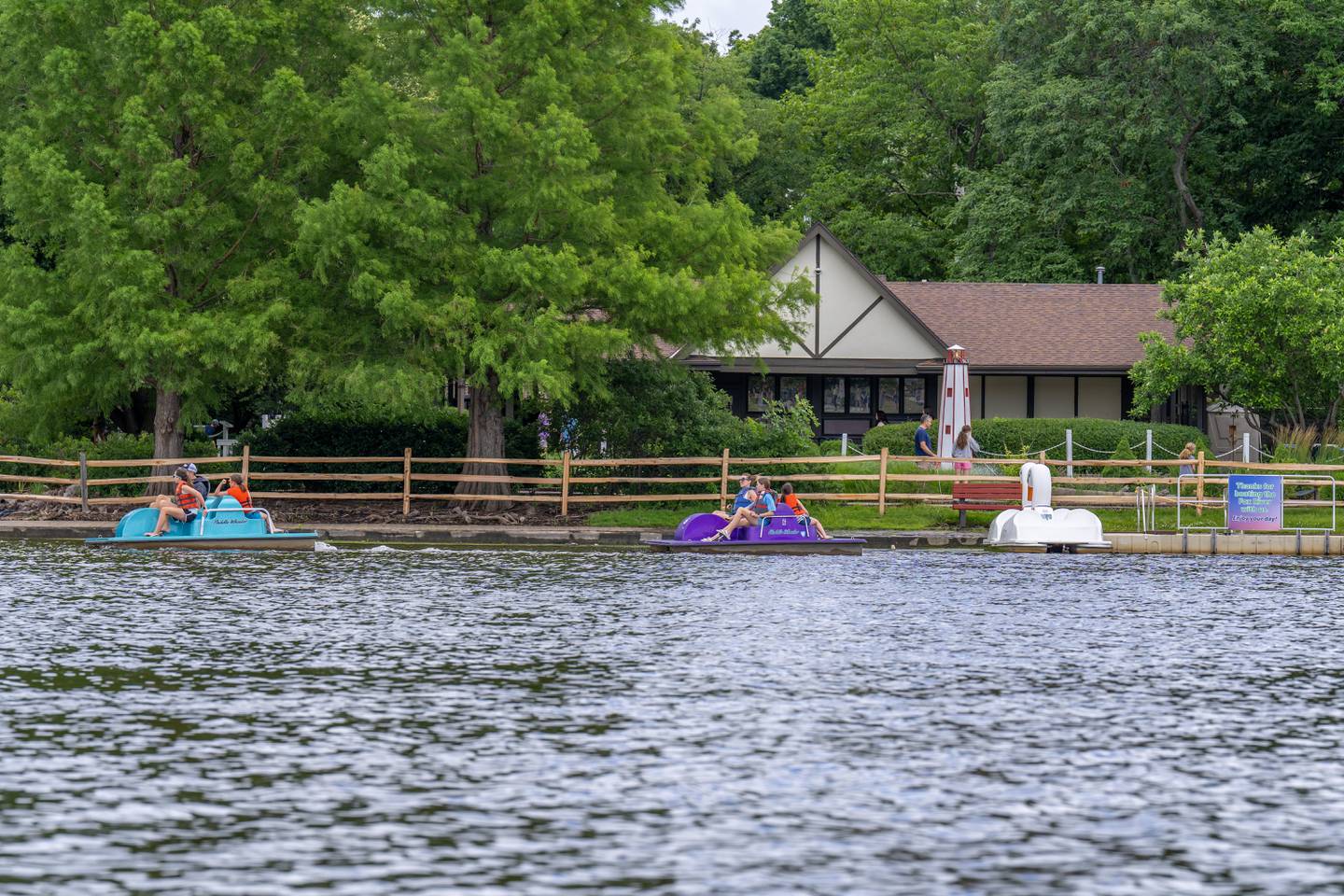 Pedal boat on the Fox River at Pottawatomie Park in St. Charles.