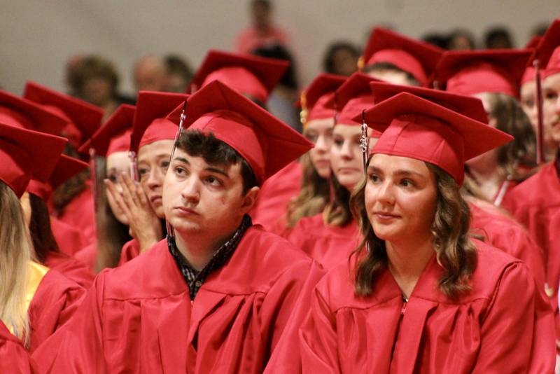 Members of the Sauk Valley Community College commencement class listen to the student address of Blerina Mimini on Friday, May 12, 2023.