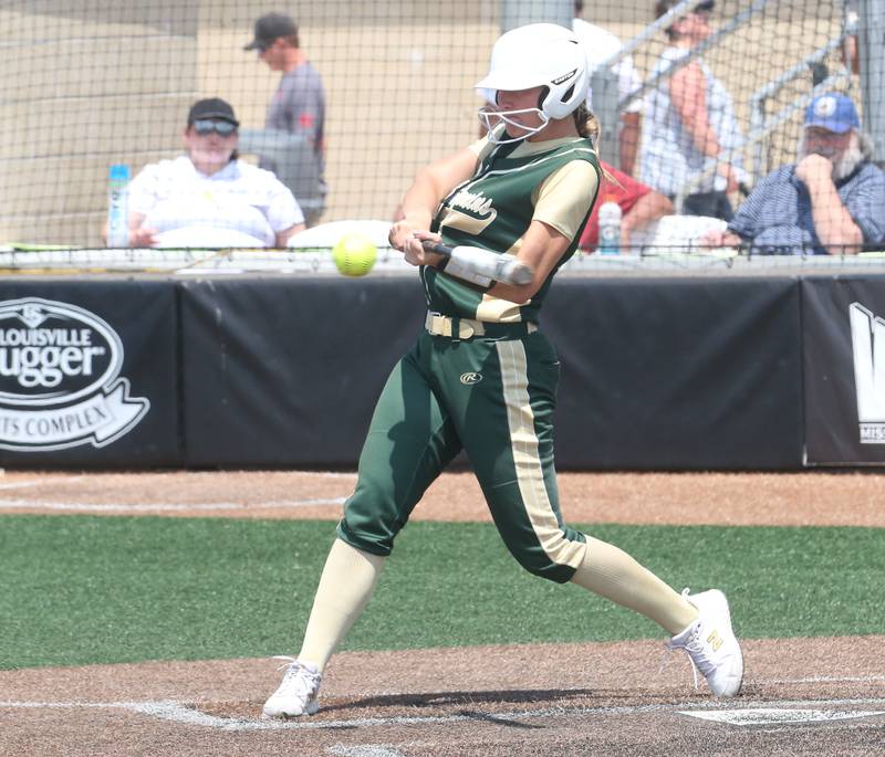 St. Bede's Ella Hermes gets a hit up the middle against Illini Bluffs in the Class 1A State championship game on Saturday, June 3, 2023 at the Louisville Slugger Sports Complex in Peoria.