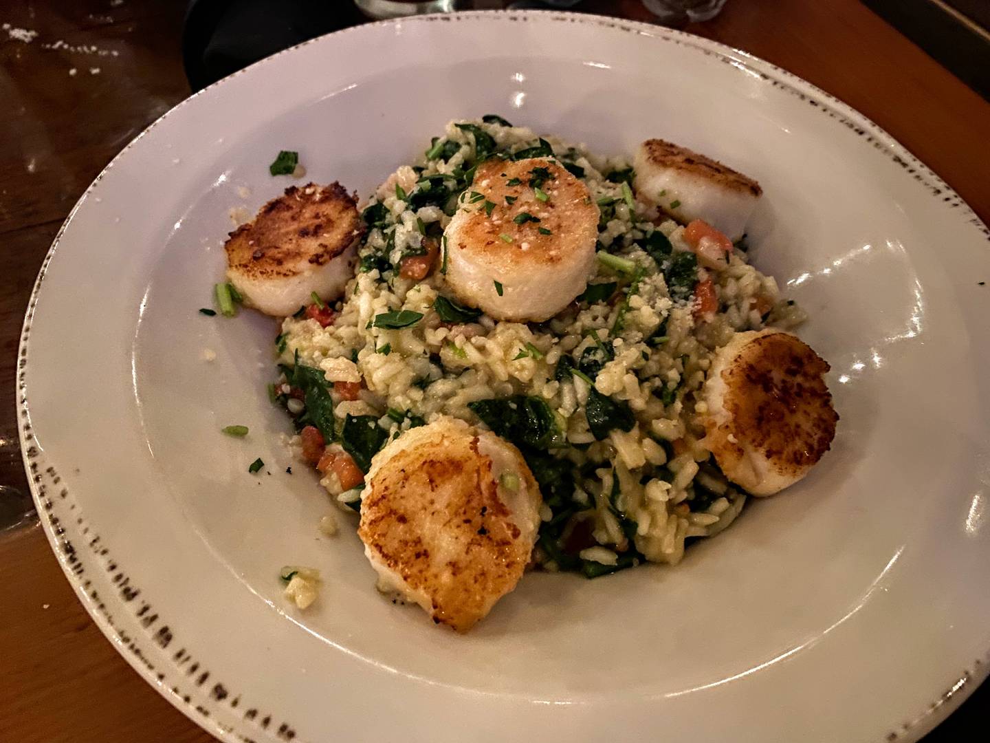 I had the risotto capesante ($22.90), which came with sea scallops, spinach, vine-ripe tomatoes and lemon zest, at 750° Cucina Rustica in Cary.