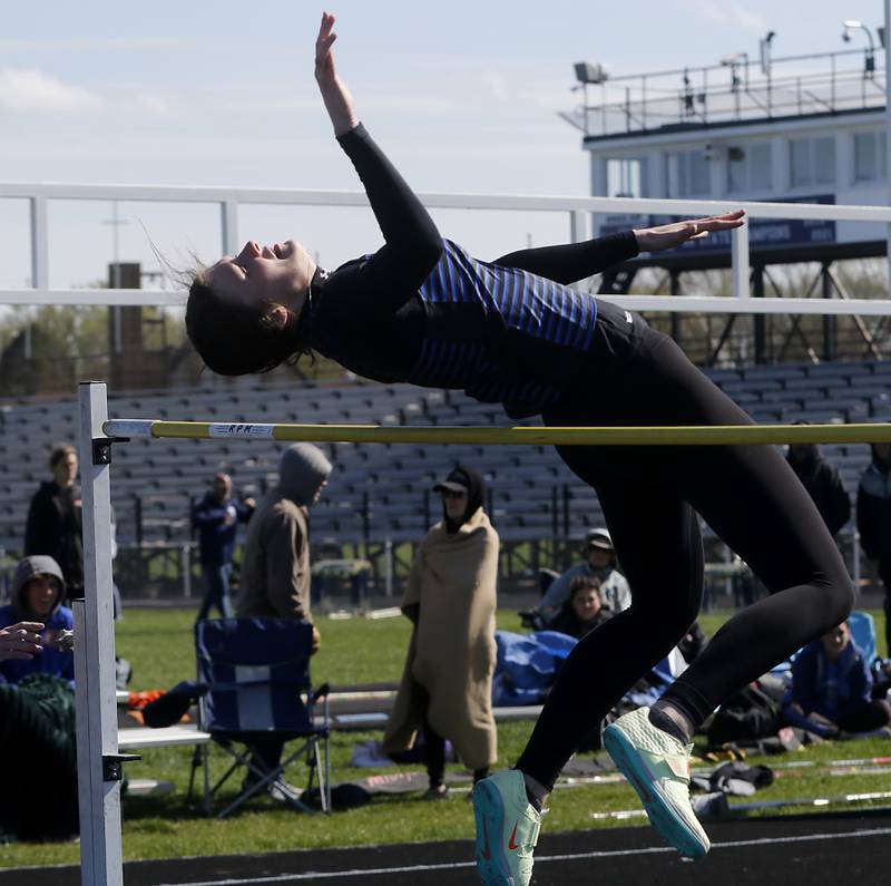 Woodstock’s Hallie Steponaitis competes in the high jump on Friday, April 19, 2024, during the McHenry County Track and Field Meet at Cary-Grove High School.