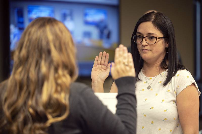 Diana Merdian is sworn Monday, May 1, 2023 as Sterling mayor. Outgoing mayor Skip Lee missed Monday’s meeting due to an illness.