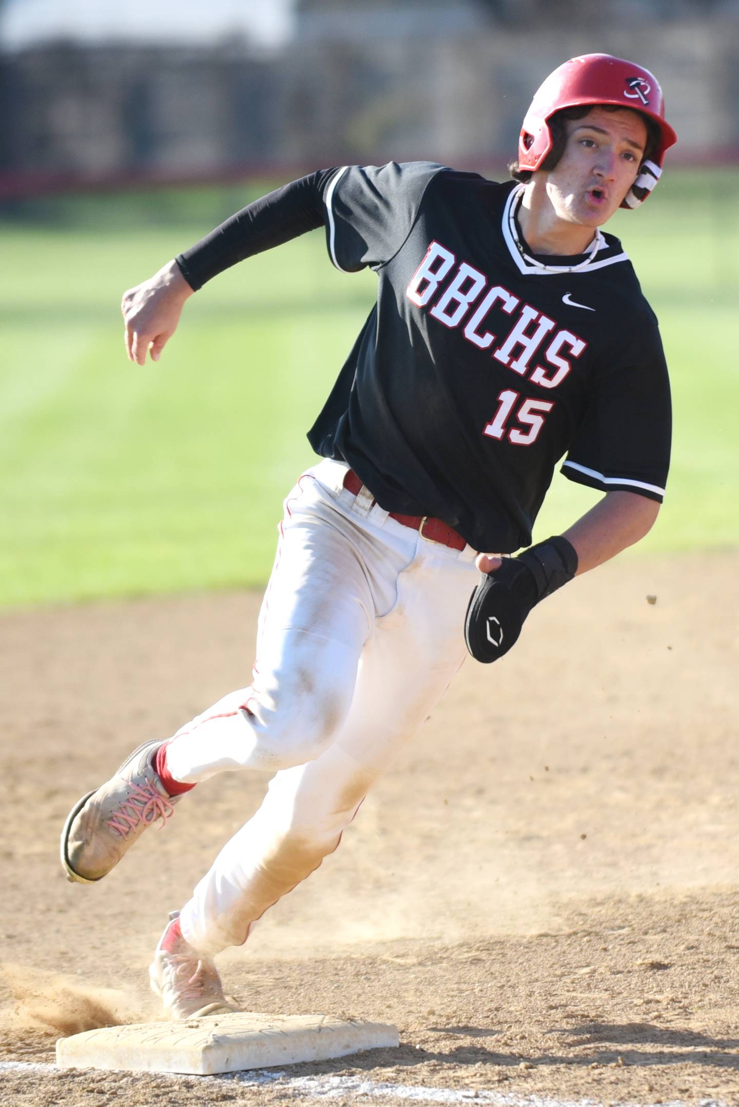 Bradley-Bourbonnais' Sam Frey touches third base and heads home during a home game agaisnt Homewood-Flossmoor Friday, April 11, 2025.