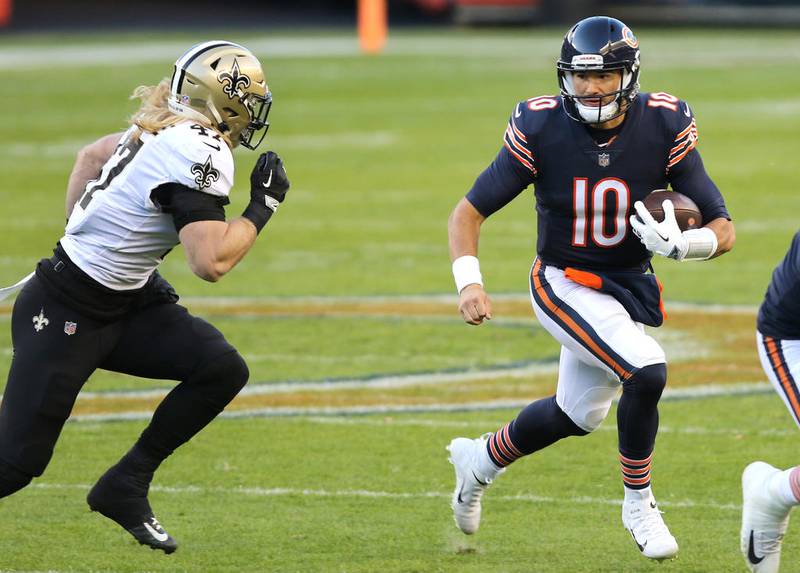 Chicago Bears quarterback Mitch Trubisky tries to out-run Saints linebacker Alex Anzalone Sunday during the game against the New Orleans Saints at Soldier Field in Chicago.