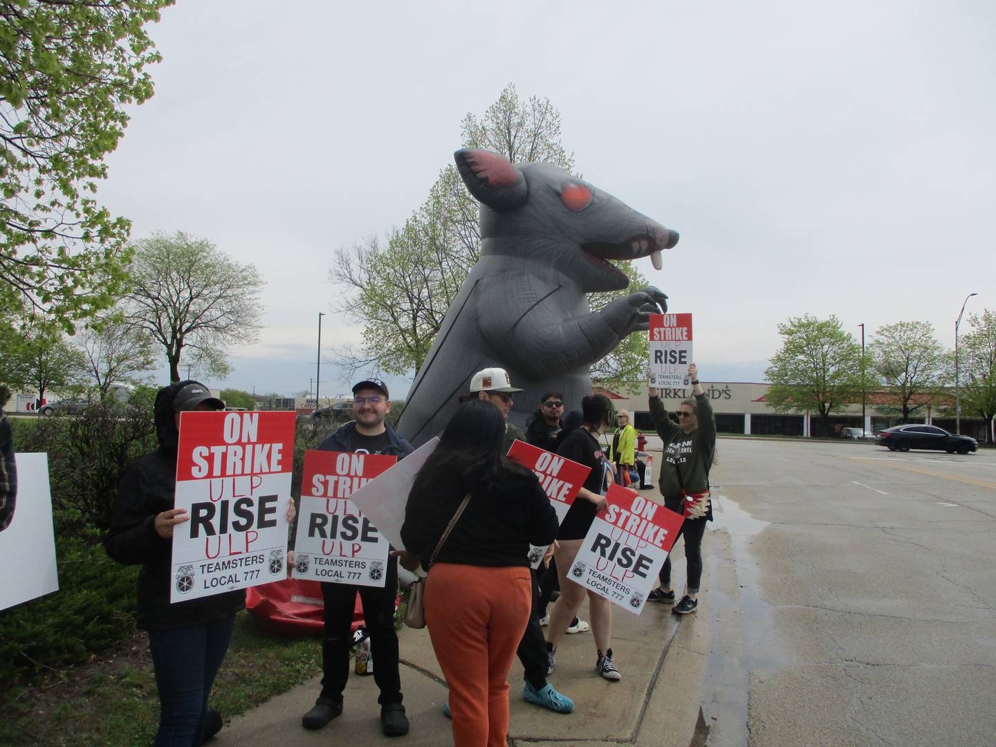 Rise workers, who joined the Teamsters last year, have the union inflatable rat with them as they strike outside the store on Colorado Avenue in Joliet on Thursday, April 20, 2023.