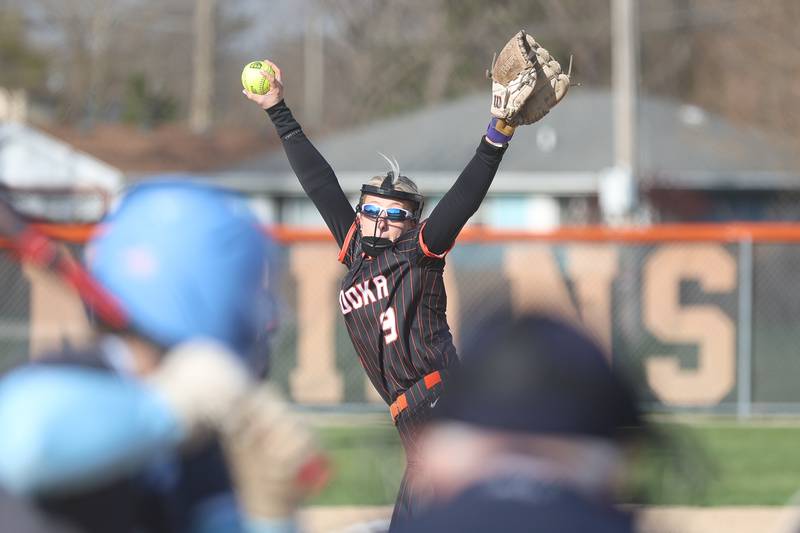 Minooka’s Emma Best delivers a pitch against Joliet Catholic on Tuesday, April 7, 2026 in Minooka.