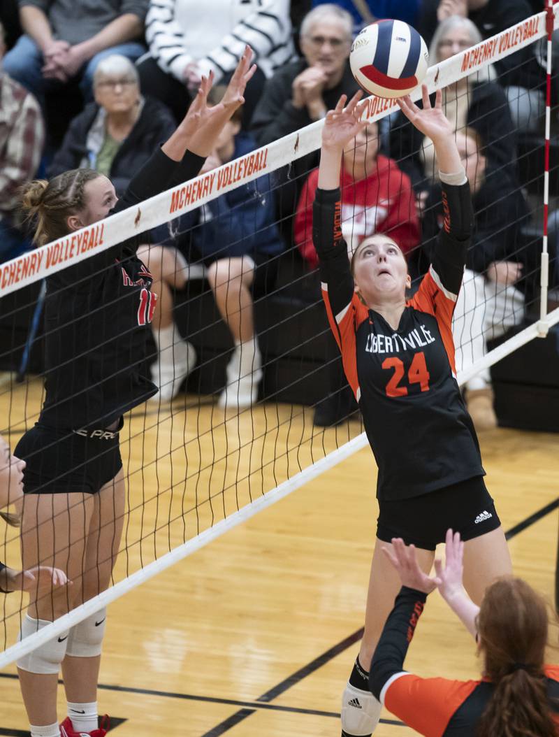 Libertyville's Makenzie Tyrrell, right, and Huntley's Sienna Robertson battle for the ball at the net during the Class 4A Sectional girls volleyball final on Thursday, November 7, 2024 at McHenry High School. Ryan Rayburn for Shaw Local
