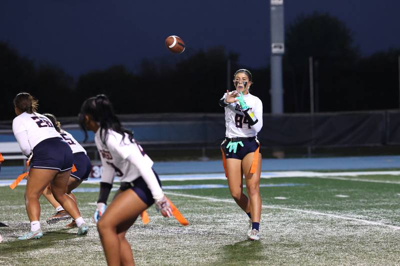Oswego's Sophie Augustine throws the ball during the Panthers' 13-7 victory over Joliet West on Tuesday, Oct. 7, 2025.