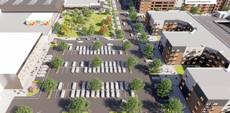 A redevelopment project at Yorktown Center would create communal green space between the mall and an apartment complex to be built in two phases.