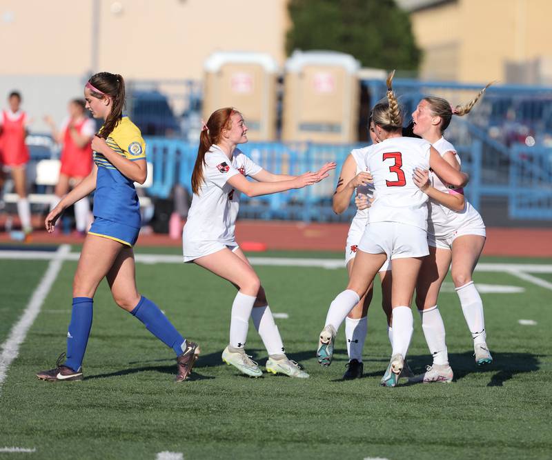 Hinsdale Central celebrates a goal during the IHSA Class 3A girls soccer sectional final match between Lyons Township and Hinsdale Central at Reavis High School in Burbank on Friday, May 26, 2023.