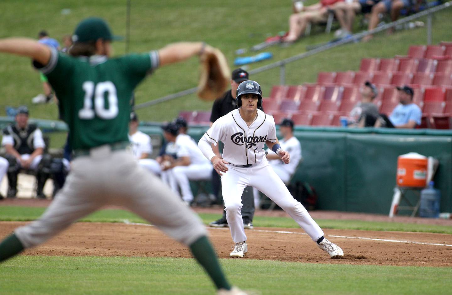 Kane County Cougars player Nick Santoro leads off from first base during a game against the Gary SouthShore RailCats at Northwestern Medicine Field in Geneva on Tuesday, June 29, 2021.